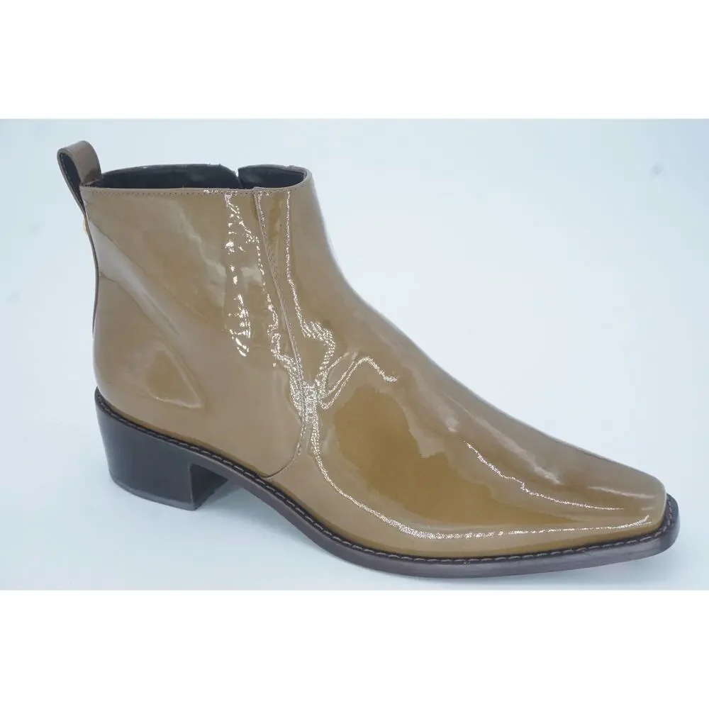 Tory Burch Brown Patent Zip Ankle Booties SZ 8 Lug Logo $428